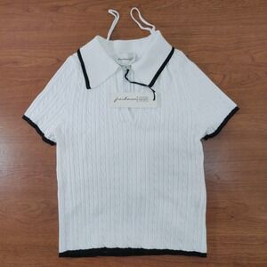 Freshman 1996 White Knit Top Black Trim Short Sleeve Collared Shirt